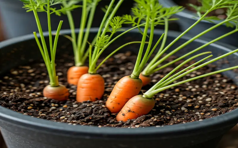 Baby carrots growing in deep containers for small gardens