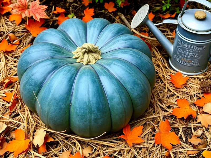 Blue Hubbard squash in autumn garden