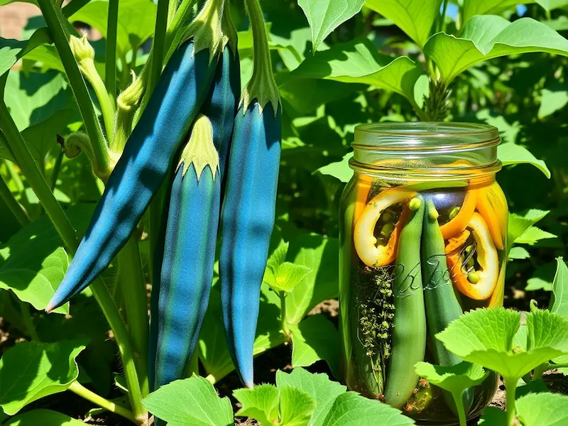 Blue okra plant with pickling jars