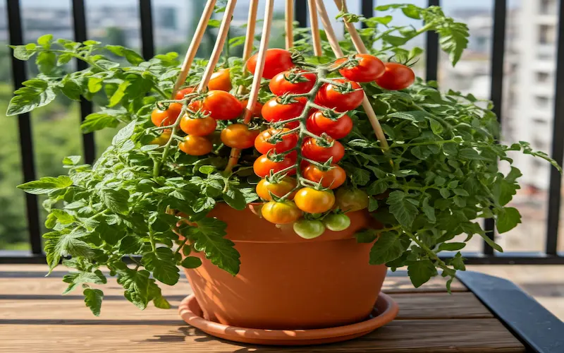 Cherry tomatoes growing in small pots on a sunny balcony