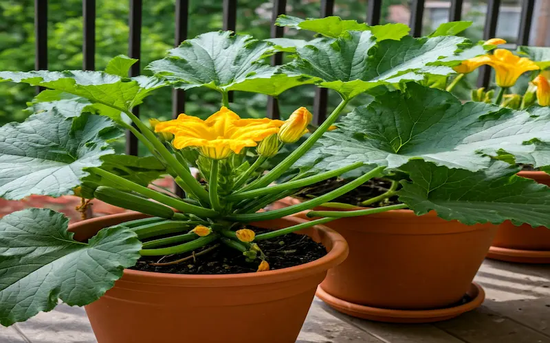 Compact zucchini plants thriving in large containers