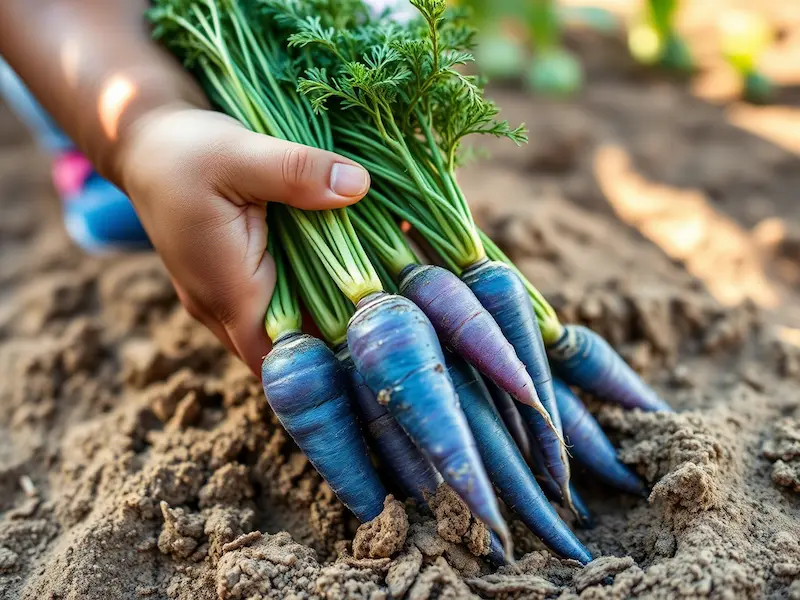 Fresh blue carrots harvested from sandy soil