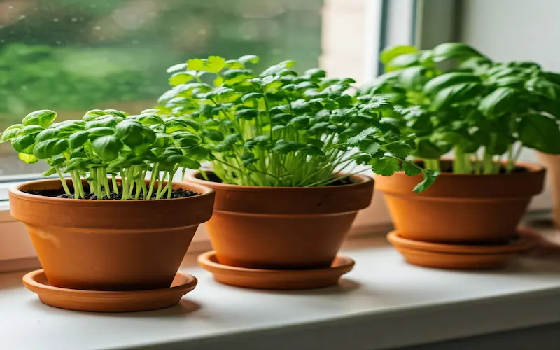 Basil and cilantro growing in small pots on a sunny windowsill