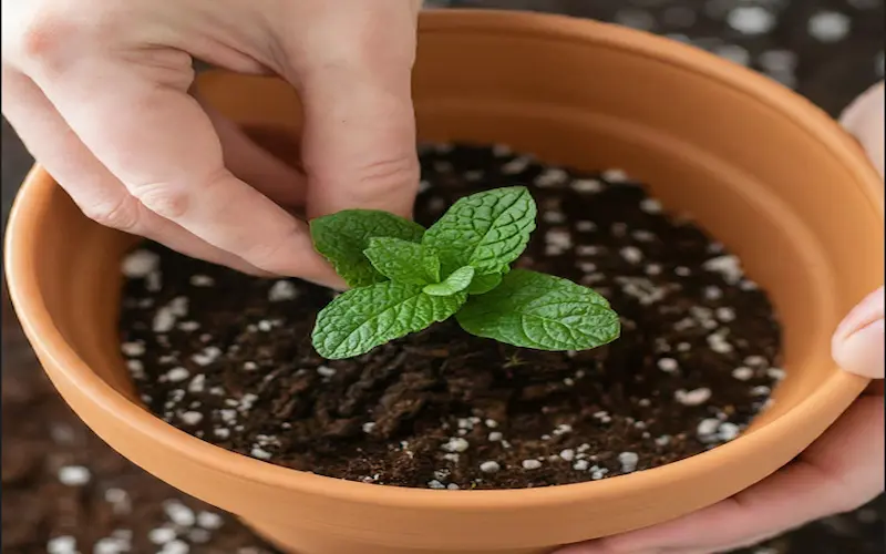 Mint plant planting in the pot