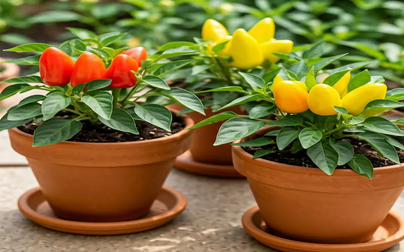 Colorful mini bell peppers growing in small pots on a patio